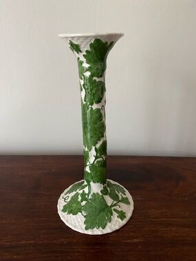 Zrike • Trellis • Handpainted • White Ceramic Candlestick with Green Leaf Motif